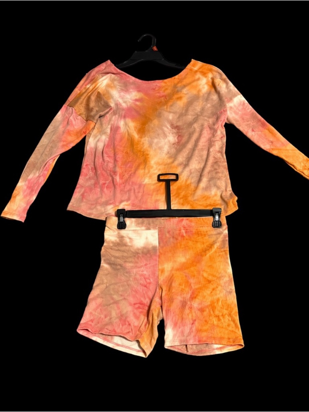 Fashion Nova Tie-Dye Long Sleeve Top & Biker Shorts Set - Pink, Orange, Cream